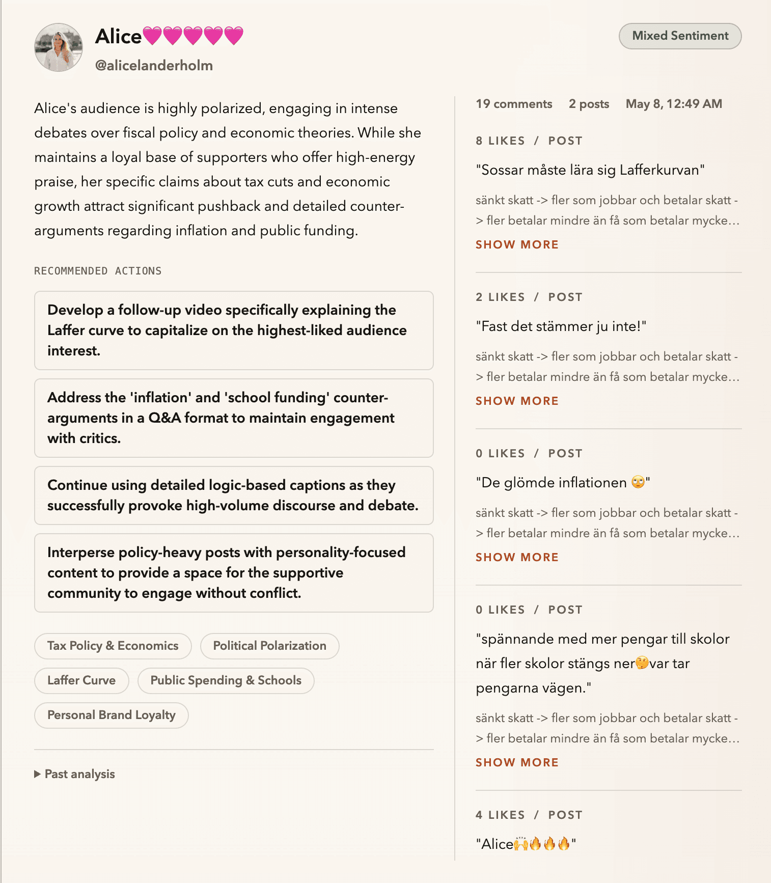 Viralboard sentiment analysis view with recommended creator actions